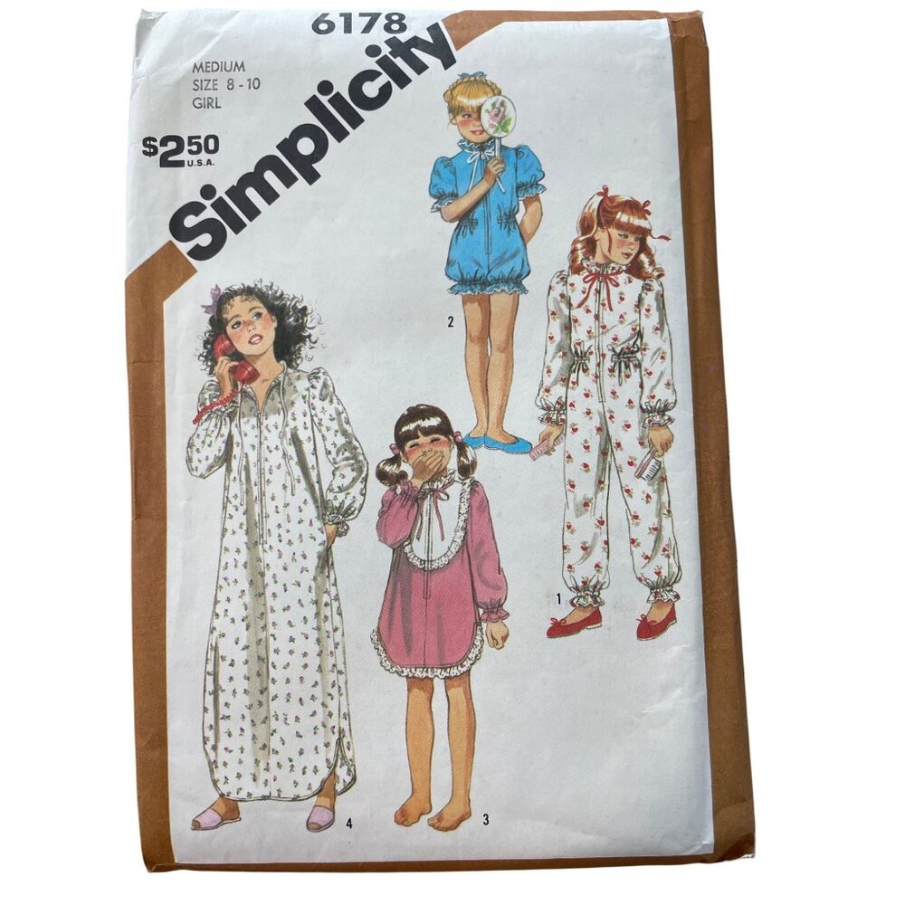 80s Simplicity 6178 Sewing Pattern Size Medium 8-10 Girls Pajamas Nightgown CUT